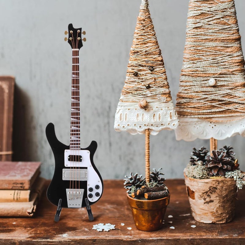 Maxmartt Miniature Bass, Black Miniature Bass Miniature Guitar Guitar Replica with Stand and Case Instrument Model Ornaments Gift be placed on the bookcase, desk, beside table and music room as decoration - Image 4